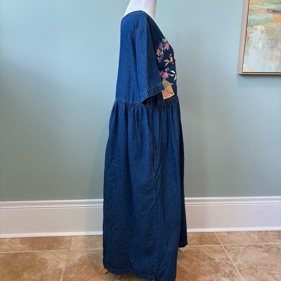 Vintage Denim Embroidered Grandmacore Hummingbird Maxi Dress Sz M - Picture 4 of 16